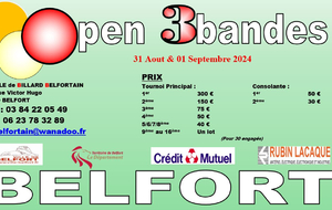 LES 31 AOÛT ET 1 er SEPTEMBRE 2024 OPEN 3 BANDES PAR HANDICAPS TOUTES CATEGORIES DU BILLARD CLUB BELFORATAIN 90000 BELFORT LIGUE BOURGONE FRANCHE COMTÉ  